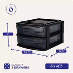 Lot de 2 chariots de rangement Homz, meuble de rangement en plastique à 2 tiroirs de taille moyenne pour la maison et le bureau, cadre noir avec tiroirs teintés fumée