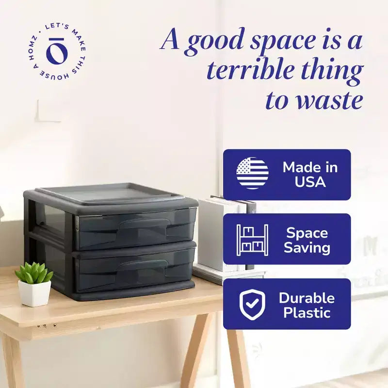 Lot de 2 chariots de rangement Homz, meuble de rangement en plastique à 2 tiroirs de taille moyenne pour la maison et le bureau, cadre noir avec tiroirs teintés fumée