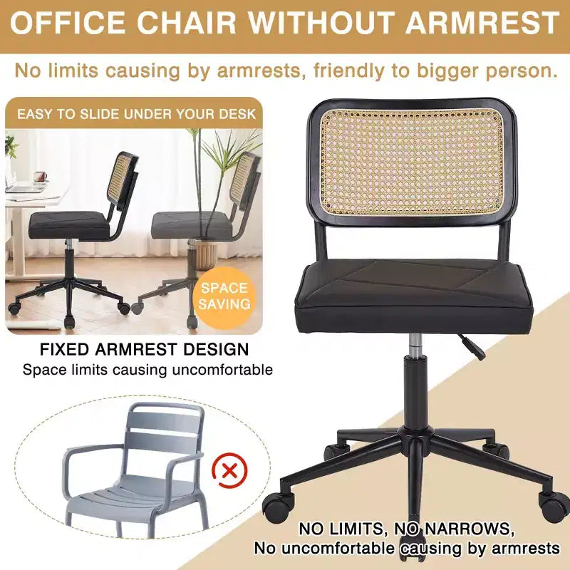 Chaise de bureau VECELO en cuir PU, chaise de vanité sans accoudoirs, pivotante, réglable en hauteur, avec roulettes, chaise de bureau à dossier en rotin pour petits espaces, noir/blanc