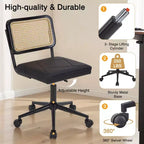Chaise de bureau VECELO en cuir PU, chaise de vanité sans accoudoirs, pivotante, réglable en hauteur, avec roulettes, chaise de bureau à dossier en rotin pour petits espaces, noir/blanc