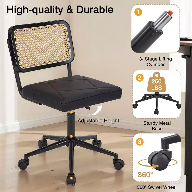 Chaise de bureau VECELO en cuir PU, chaise de vanité sans accoudoirs, pivotante, réglable en hauteur, avec roulettes, chaise de bureau à dossier en rotin pour petits espaces, noir/blanc