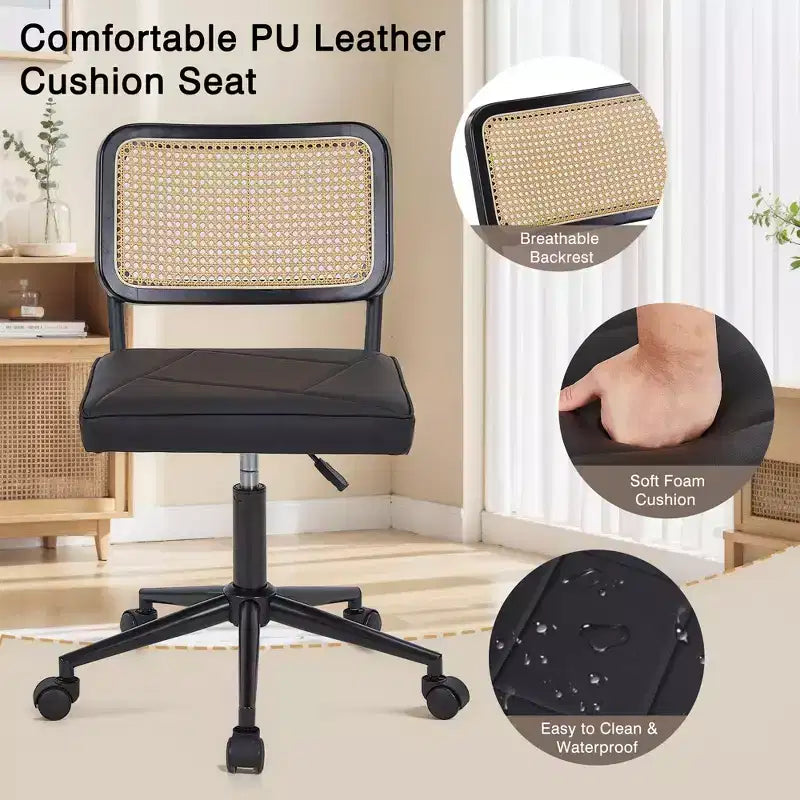 Chaise de bureau VECELO en cuir PU, chaise de vanité sans accoudoirs, pivotante, réglable en hauteur, avec roulettes, chaise de bureau à dossier en rotin pour petits espaces, noir/blanc