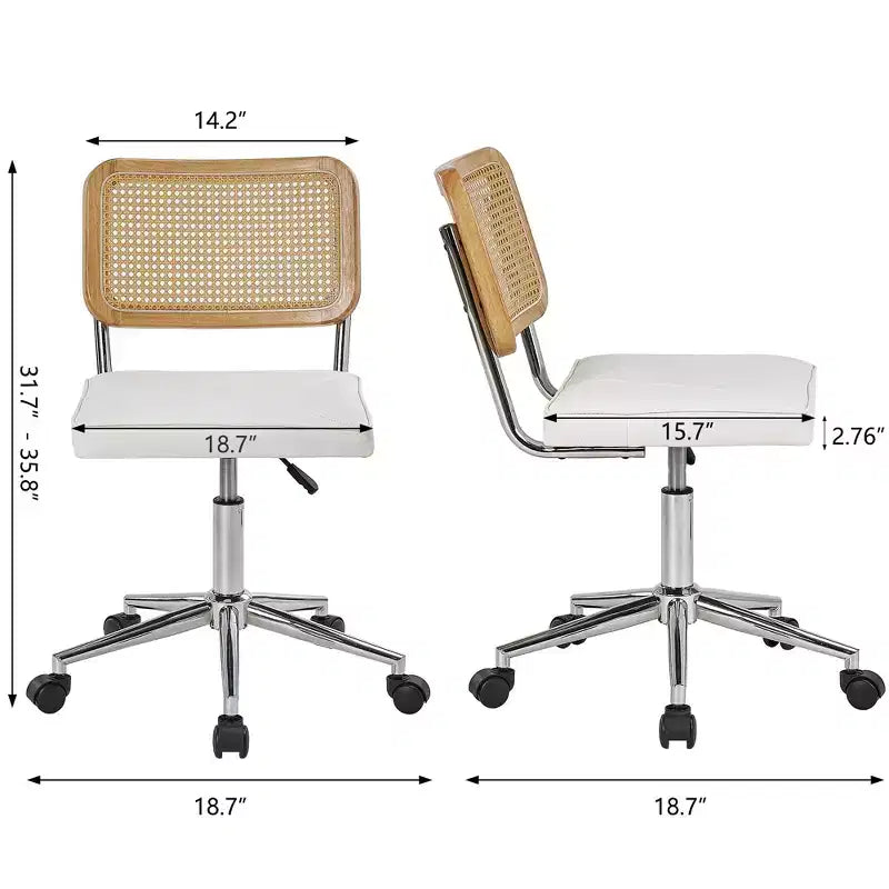 Chaise de bureau VECELO en cuir PU, chaise de vanité sans accoudoirs, pivotante, réglable en hauteur, avec roulettes, chaise de bureau à dossier en rotin pour petits espaces, noir/blanc