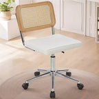 Chaise de bureau VECELO en cuir PU, chaise de vanité sans accoudoirs, pivotante, réglable en hauteur, avec roulettes, chaise de bureau à dossier en rotin pour petits espaces, noir/blanc