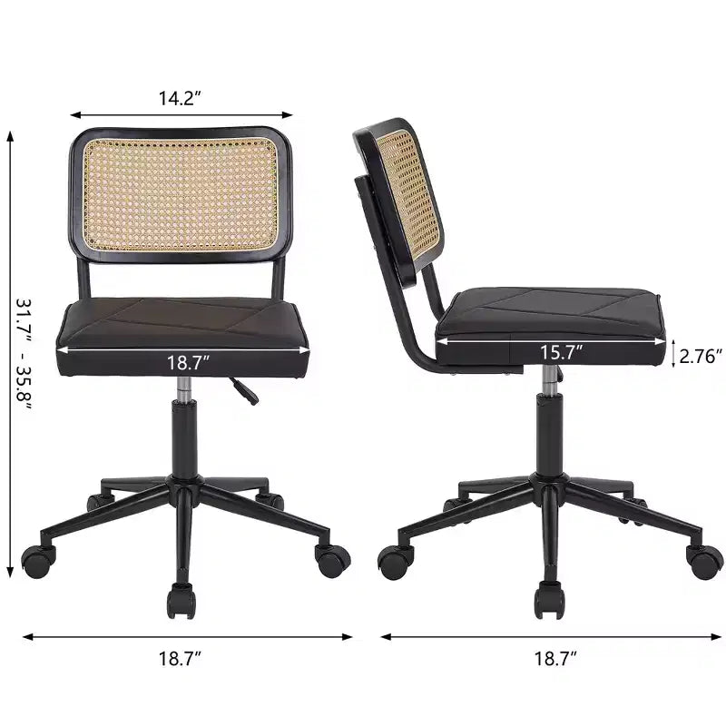 Chaise de bureau VECELO en cuir PU, chaise de vanité sans accoudoirs, pivotante, réglable en hauteur, avec roulettes, chaise de bureau à dossier en rotin pour petits espaces, noir/blanc