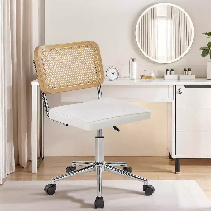 Chaise de bureau VECELO en cuir PU, chaise de vanité sans accoudoirs, pivotante, réglable en hauteur, avec roulettes, chaise de bureau à dossier en rotin pour petits espaces, noir/blanc