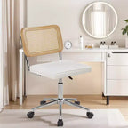 Chaise de bureau VECELO en cuir PU, chaise de vanité sans accoudoirs, pivotante, réglable en hauteur, avec roulettes, chaise de bureau à dossier en rotin pour petits espaces, noir/blanc