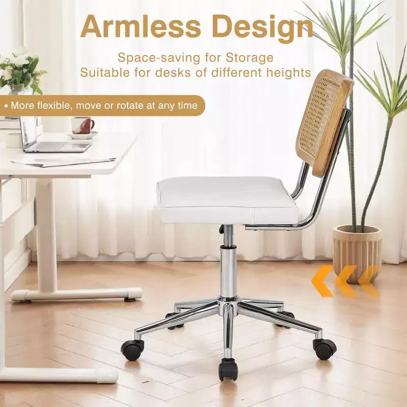 Chaise de bureau VECELO en cuir PU, chaise de vanité sans accoudoirs, pivotante, réglable en hauteur, avec roulettes, chaise de bureau à dossier en rotin pour petits espaces, noir/blanc
