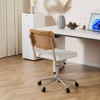 Chaise de bureau VECELO en cuir PU, chaise de vanité sans accoudoirs, pivotante, réglable en hauteur, avec roulettes, chaise de bureau à dossier en rotin pour petits espaces, noir/blanc