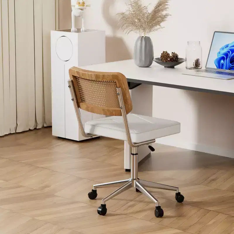 Chaise de bureau VECELO en cuir PU, chaise de vanité sans accoudoirs, pivotante, réglable en hauteur, avec roulettes, chaise de bureau à dossier en rotin pour petits espaces, noir/blanc
