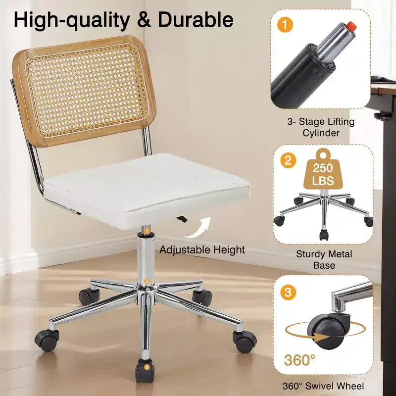 Chaise de bureau VECELO en cuir PU, chaise de vanité sans accoudoirs, pivotante, réglable en hauteur, avec roulettes, chaise de bureau à dossier en rotin pour petits espaces, noir/blanc