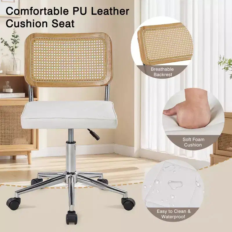 Chaise de bureau VECELO en cuir PU, chaise de vanité sans accoudoirs, pivotante, réglable en hauteur, avec roulettes, chaise de bureau à dossier en rotin pour petits espaces, noir/blanc
