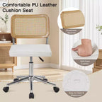 Chaise de bureau VECELO en cuir PU, chaise de vanité sans accoudoirs, pivotante, réglable en hauteur, avec roulettes, chaise de bureau à dossier en rotin pour petits espaces, noir/blanc