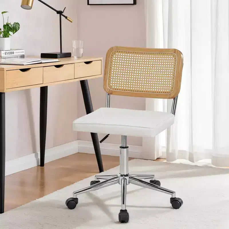 Chaise de bureau VECELO en cuir PU, chaise de vanité sans accoudoirs, pivotante, réglable en hauteur, avec roulettes, chaise de bureau à dossier en rotin pour petits espaces, noir/blanc