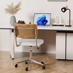 Chaise de bureau VECELO en cuir PU, chaise de vanité sans accoudoirs, pivotante, réglable en hauteur, avec roulettes, chaise de bureau à dossier en rotin pour petits espaces, noir/blanc