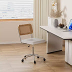Chaise de bureau VECELO en cuir PU, chaise de vanité sans accoudoirs, pivotante, réglable en hauteur, avec roulettes, chaise de bureau à dossier en rotin pour petits espaces, noir/blanc