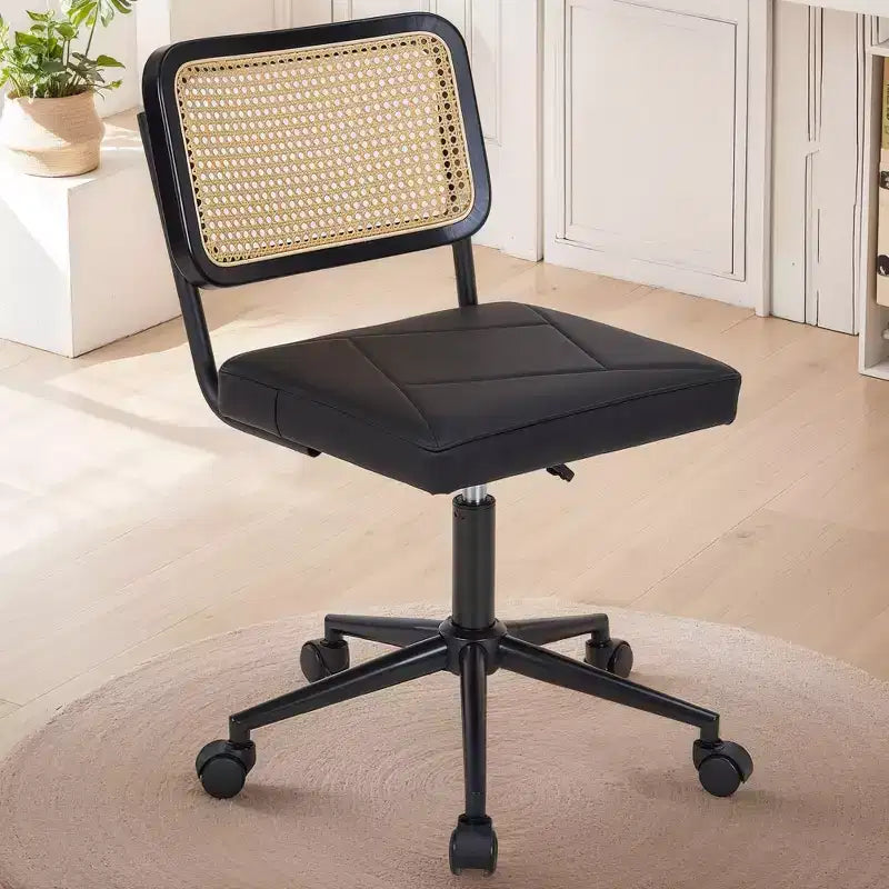Chaise de bureau VECELO en cuir PU, chaise de vanité sans accoudoirs, pivotante, réglable en hauteur, avec roulettes, chaise de bureau à dossier en rotin pour petits espaces, noir/blanc