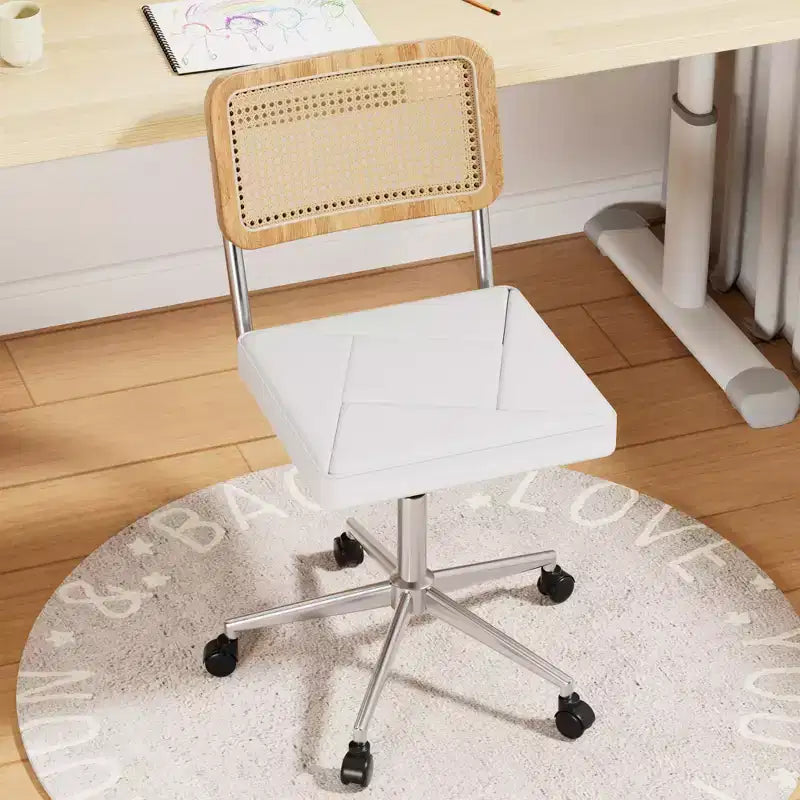 Chaise de bureau VECELO en cuir PU, chaise de vanité sans accoudoirs, pivotante, réglable en hauteur, avec roulettes, chaise de bureau à dossier en rotin pour petits espaces, noir/blanc