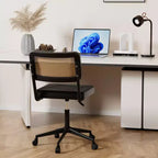 Chaise de bureau VECELO en cuir PU, chaise de vanité sans accoudoirs, pivotante, réglable en hauteur, avec roulettes, chaise de bureau à dossier en rotin pour petits espaces, noir/blanc