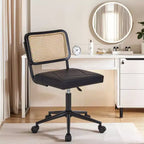 Chaise de bureau VECELO en cuir PU, chaise de vanité sans accoudoirs, pivotante, réglable en hauteur, avec roulettes, chaise de bureau à dossier en rotin pour petits espaces, noir/blanc
