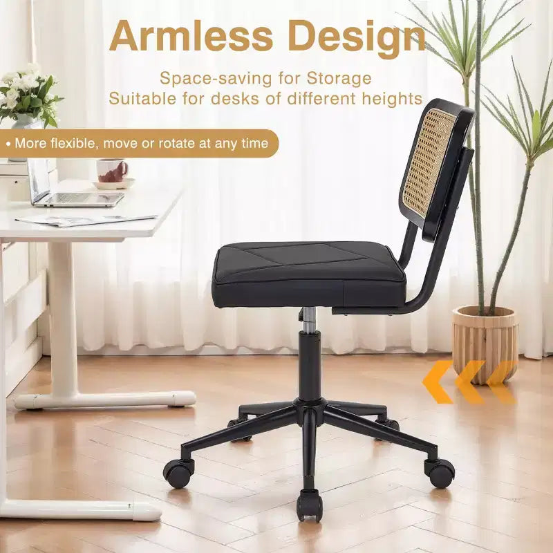 Chaise de bureau VECELO en cuir PU, chaise de vanité sans accoudoirs, pivotante, réglable en hauteur, avec roulettes, chaise de bureau à dossier en rotin pour petits espaces, noir/blanc