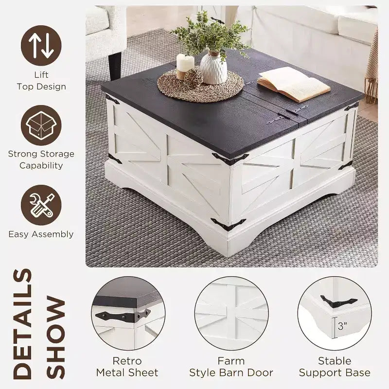 Table Basse Relevable SinCiDo Farmhouse, Table Carrée de 36 po avec Grand Compartiment de Rangement Caché, Table de Salon/Salle à Manger en Bois Rustique