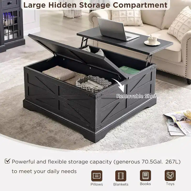Table Basse Relevable SinCiDo Farmhouse, Table Carrée de 36 po avec Grand Compartiment de Rangement Caché, Table de Salon/Salle à Manger en Bois Rustique