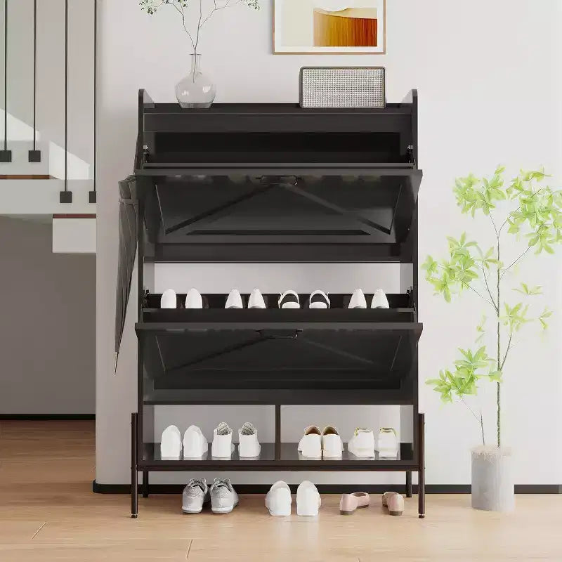 Meuble à chaussures Acekool avec 2 tiroirs basculants et rangement ouvert, pieds de support réglables, poignées métalliques, organisateur d'entrée