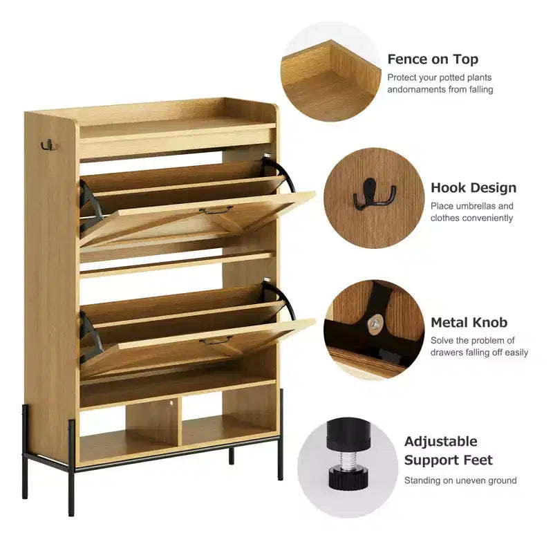 Meuble à chaussures Acekool avec 2 tiroirs basculants et rangement ouvert, pieds de support réglables, poignées métalliques, organisateur d'entrée