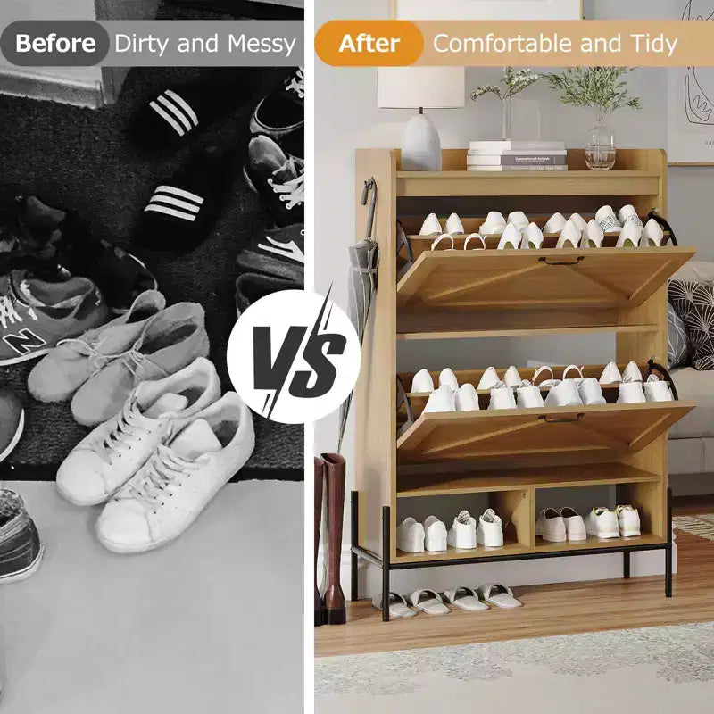 Meuble à chaussures Acekool avec 2 tiroirs basculants et rangement ouvert, pieds de support réglables, poignées métalliques, organisateur d'entrée