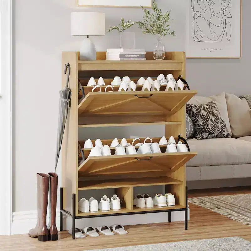 Meuble à chaussures Acekool avec 2 tiroirs basculants et rangement ouvert, pieds de support réglables, poignées métalliques, organisateur d'entrée
