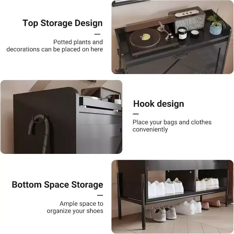Meuble à chaussures Acekool avec 2 tiroirs basculants et rangement ouvert, pieds de support réglables, poignées métalliques, organisateur d'entrée
