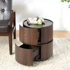 Table d'appoint ronde moderne Christopher Knight Home Bernie avec plateau en verre trempé et deux tiroirs