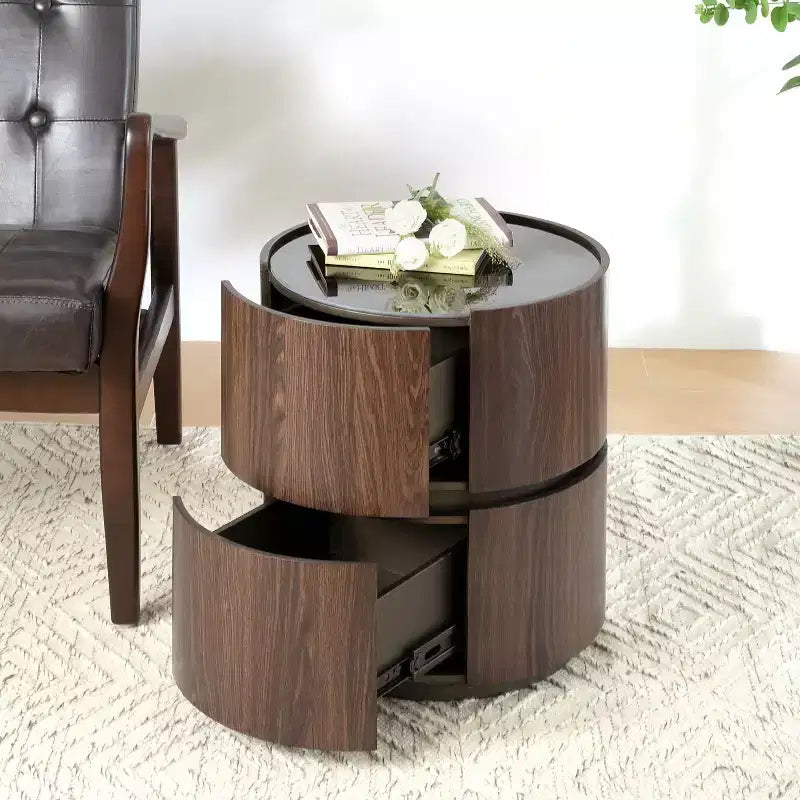 Table d'appoint ronde moderne Christopher Knight Home Bernie avec plateau en verre trempé et deux tiroirs