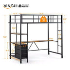 Lit mezzanine double noir Karl Home avec bureau en L pour enfants et adolescents, lit superposé en métal avec 3 tiroirs de rangement