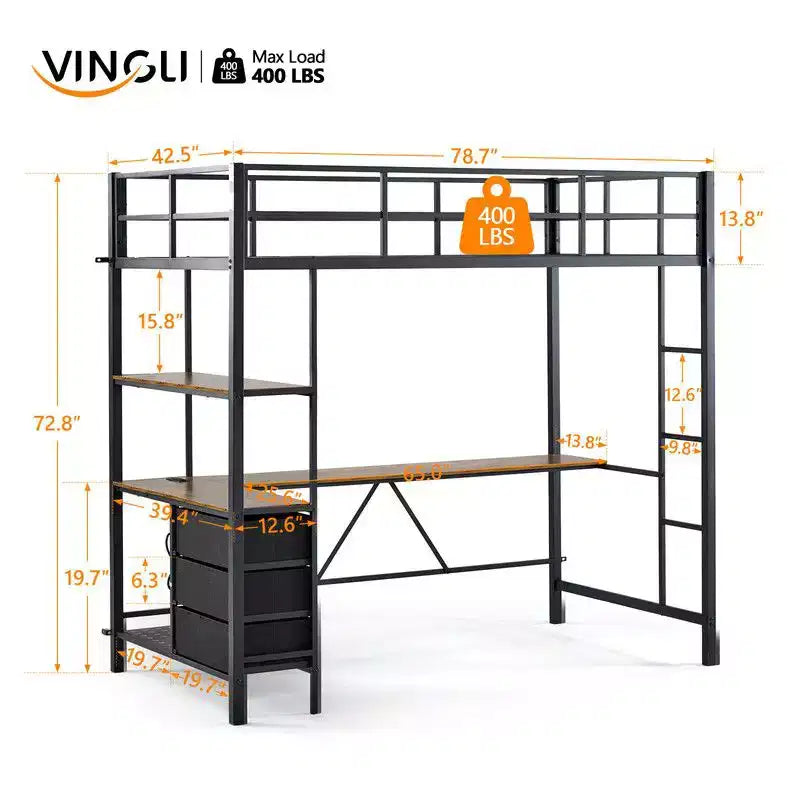 Lit mezzanine double noir Karl Home avec bureau en L pour enfants et adolescents, lit superposé en métal avec 3 tiroirs de rangement