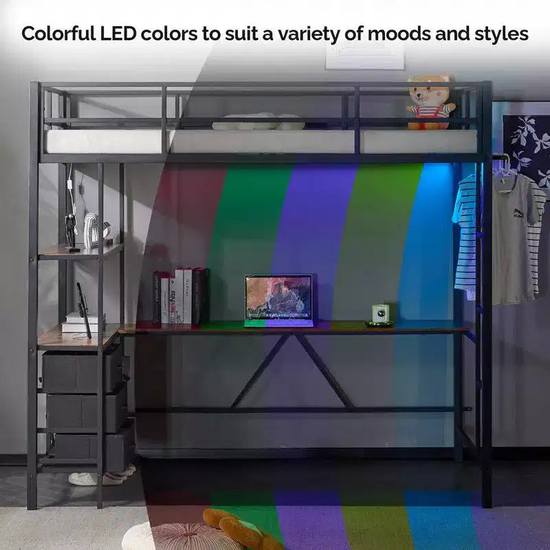 Lit mezzanine double noir Karl Home avec bureau en L pour enfants et adolescents, lit superposé en métal avec 3 tiroirs de rangement