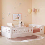 Lit de sol en bois massif Okak, plateforme double, cadre de lit avec garde-corps, design discret pour chambre d'enfants et d'adolescents