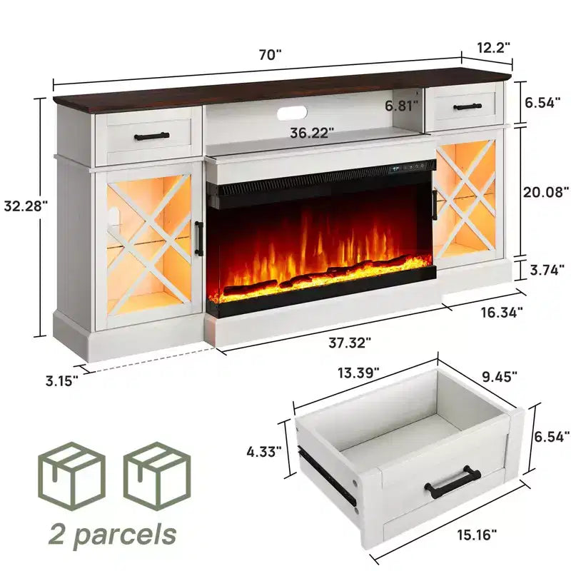 Meuble TV de ferme AMERLIFE avec cheminée LED et cheminée en verre à 3 côtés