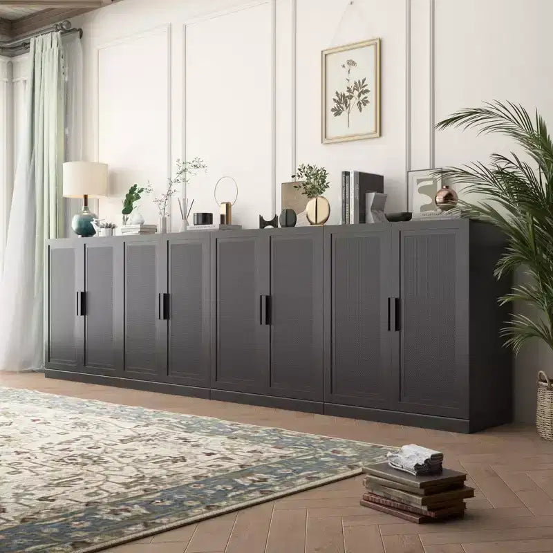36x124x16 Wood Grain Buffet Cabinet in Black, Storage Organizer with Adjustable Shelves and Rattan Doors for Kitchen Bedroom Entryway Living Room