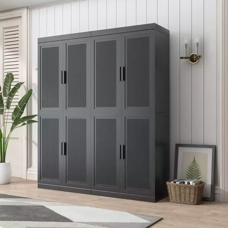Meuble buffet en bois noir de 36x124x16, organisateur de rangement avec étagères réglables et portes en rotin pour cuisine, chambre, entrée, salon