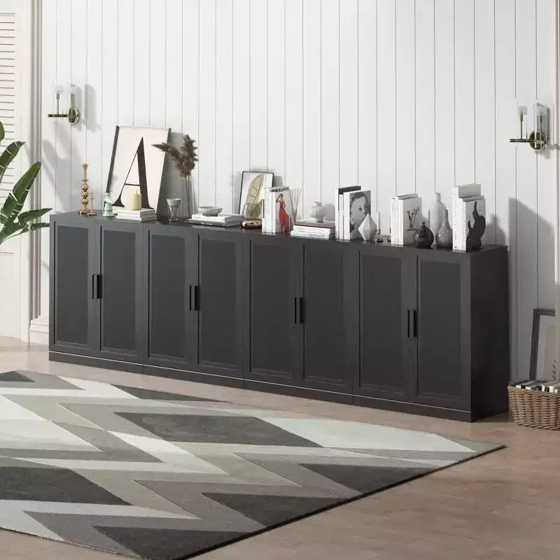 Meuble buffet en bois noir de 36x124x16, organisateur de rangement avec étagères réglables et portes en rotin pour cuisine, chambre, entrée, salon