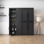 Meuble buffet en bois noir de 36x124x16, organisateur de rangement avec étagères réglables et portes en rotin pour cuisine, chambre, entrée, salon