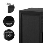 Meuble buffet en bois noir de 36x124x16, organisateur de rangement avec étagères réglables et portes en rotin pour cuisine, chambre, entrée, salon