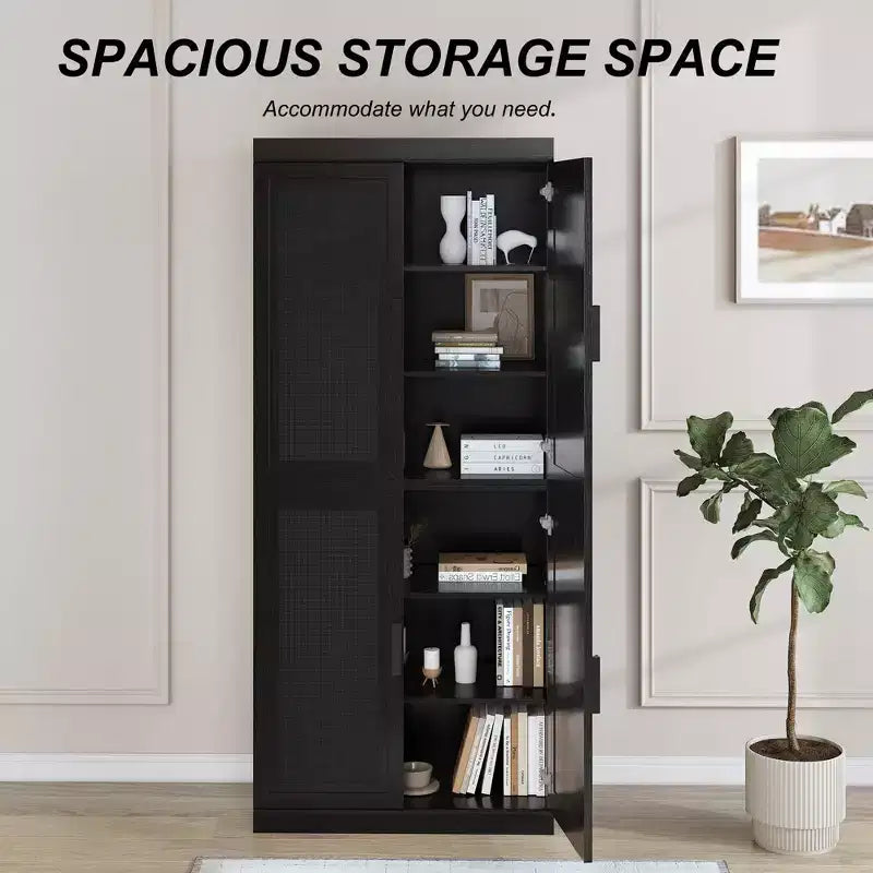 Meuble buffet en bois noir de 36x124x16, organisateur de rangement avec étagères réglables et portes en rotin pour cuisine, chambre, entrée, salon