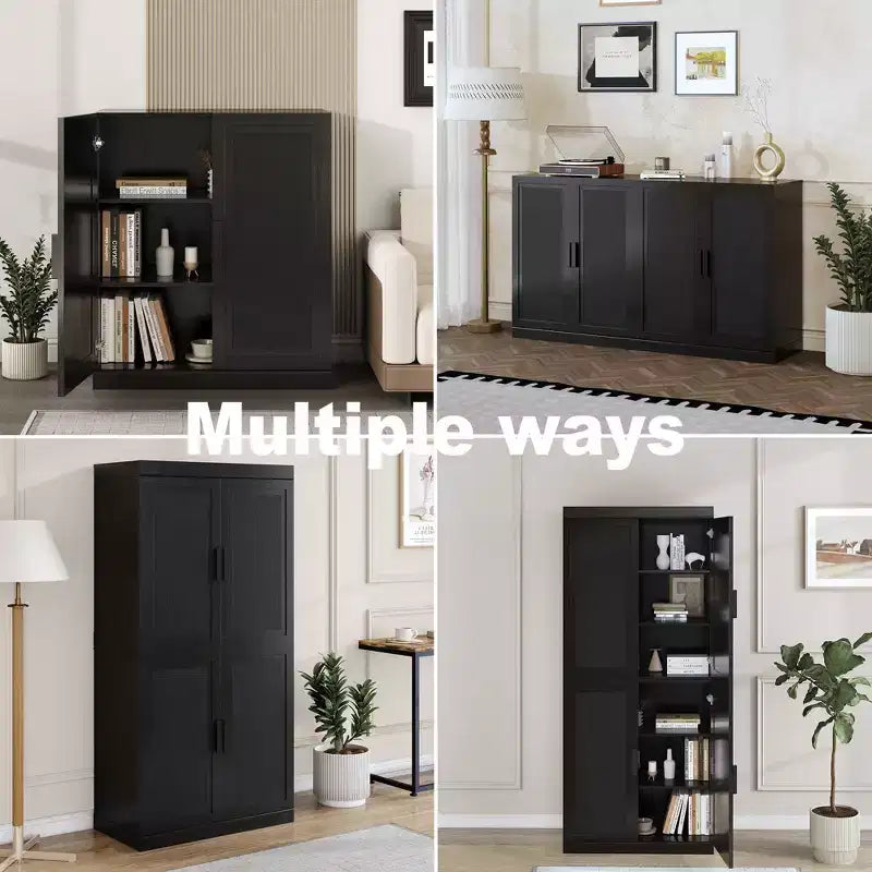 Meuble buffet en bois noir de 36x124x16, organisateur de rangement avec étagères réglables et portes en rotin pour cuisine, chambre, entrée, salon