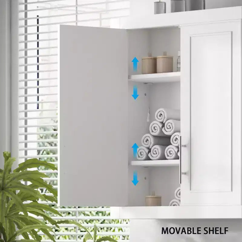 Armoire murale de salle de bain ou de cuisine, armoire à pharmacie au-dessus des toilettes, meuble de rangement de buanderie avec portes et étagères, blanc