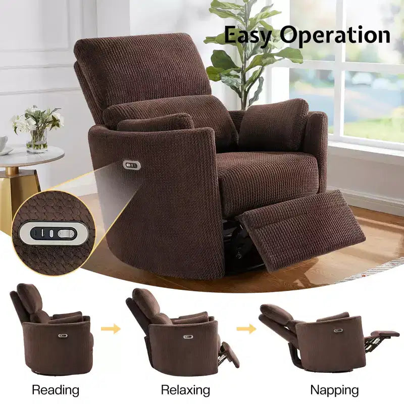 Fauteuil inclinable électrique de crèche AMERLIFE, planeur à bascule pivotant électrique avec USB et Type-C, fauteuil avec 2 oreillers, canapé inclinable pour la maison