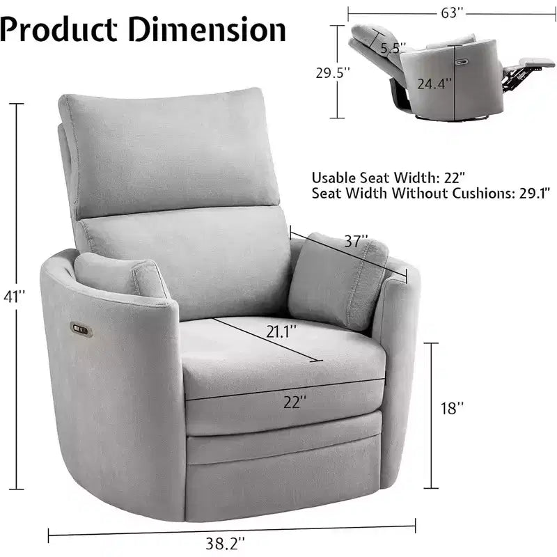 Fauteuil inclinable électrique de crèche AMERLIFE, planeur à bascule pivotant électrique avec USB et Type-C, fauteuil avec 2 oreillers, canapé inclinable pour la maison