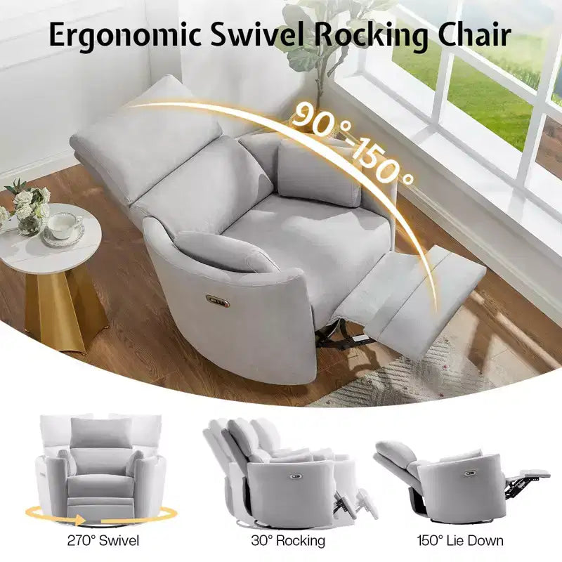 Fauteuil inclinable électrique de crèche AMERLIFE, planeur à bascule pivotant électrique avec USB et Type-C, fauteuil avec 2 oreillers, canapé inclinable pour la maison